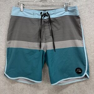 Quiksilver Highline Board Shorts Mens 32 Teal Blue Striped 4-Way Stretch Swim